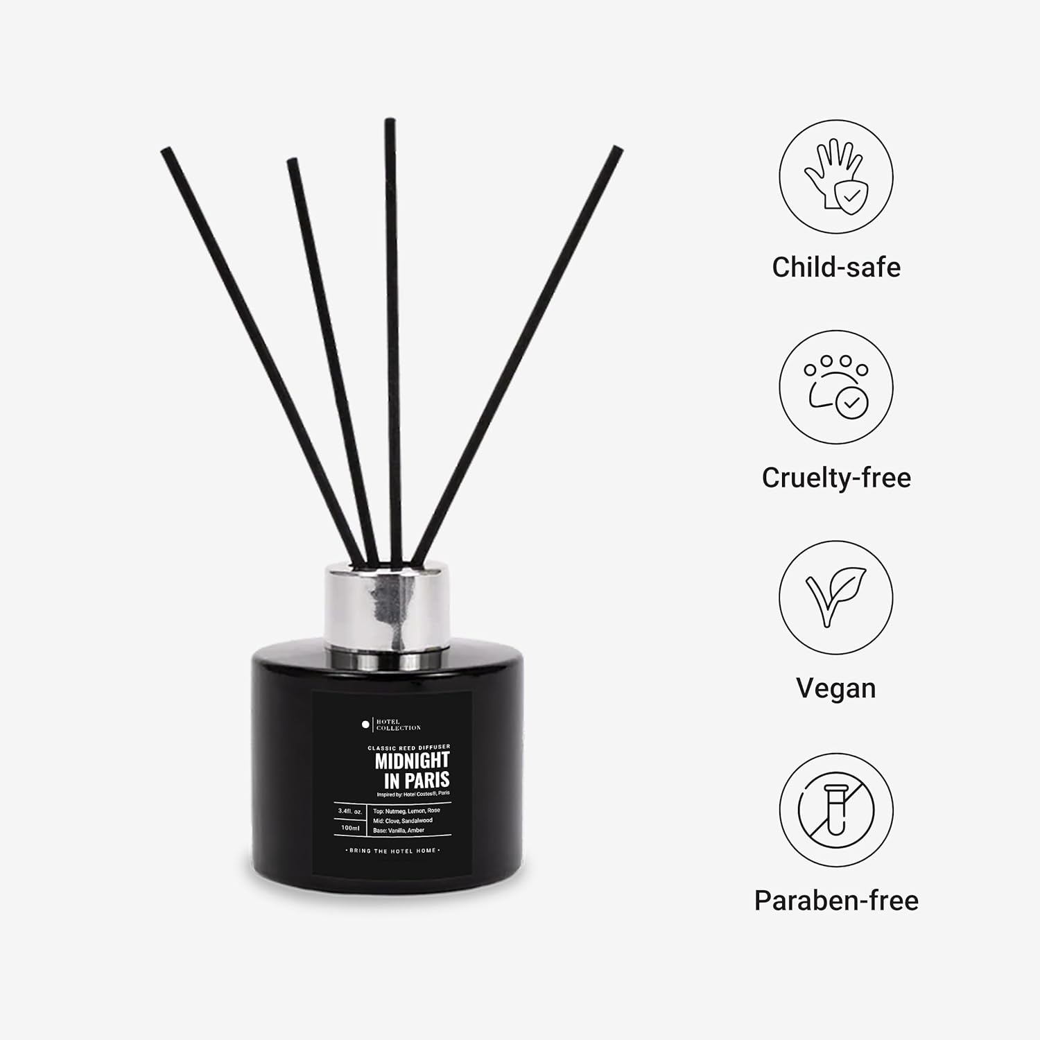 Hotel Collection | Midnight in Paris Reed Diffuser Oil Blend | Luxury Essential Aromatherapy Reed Diffuser | 4 Months Longevity | Sandalwood, Vanilla and Amber | 100mL