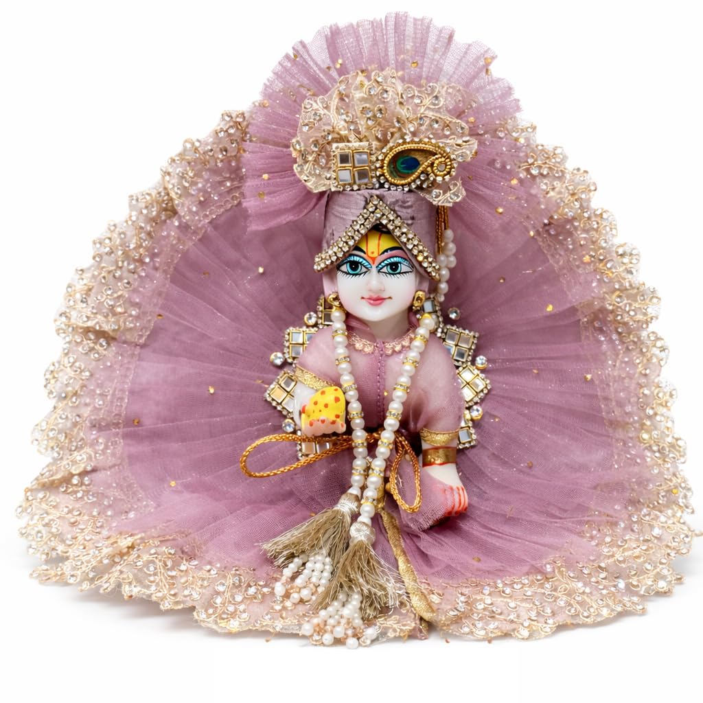 Mauve Color Dress for Laddu Gopal Size No- 0 | Janmashtami Poshak Set with Pearls & Patch Work | Includes Choli, Patka & Shahi Pagdi | Designer Kanha Ji Vastra-image-1