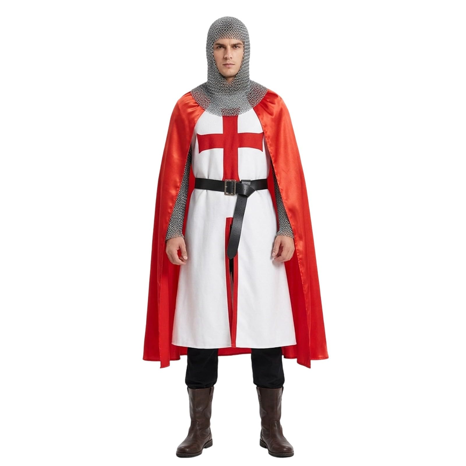 Adults Medieval Crusader Knight Costume – English St George Fancy Dress with Tunic, Red Cape, Headpiece & Belt – King Arthur Knight Outfit for Parties & Events