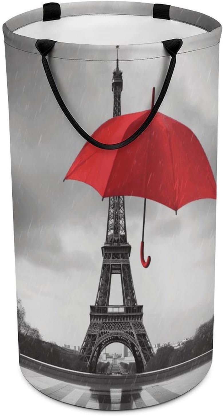 Eiffel Tower with Red Umbrella Laundry Hamper with Handles Waterproof Collapsible Laundry Basket Large Lightweight Round Dirty Clothes Hamper for Home Dorm Bathroom Decor