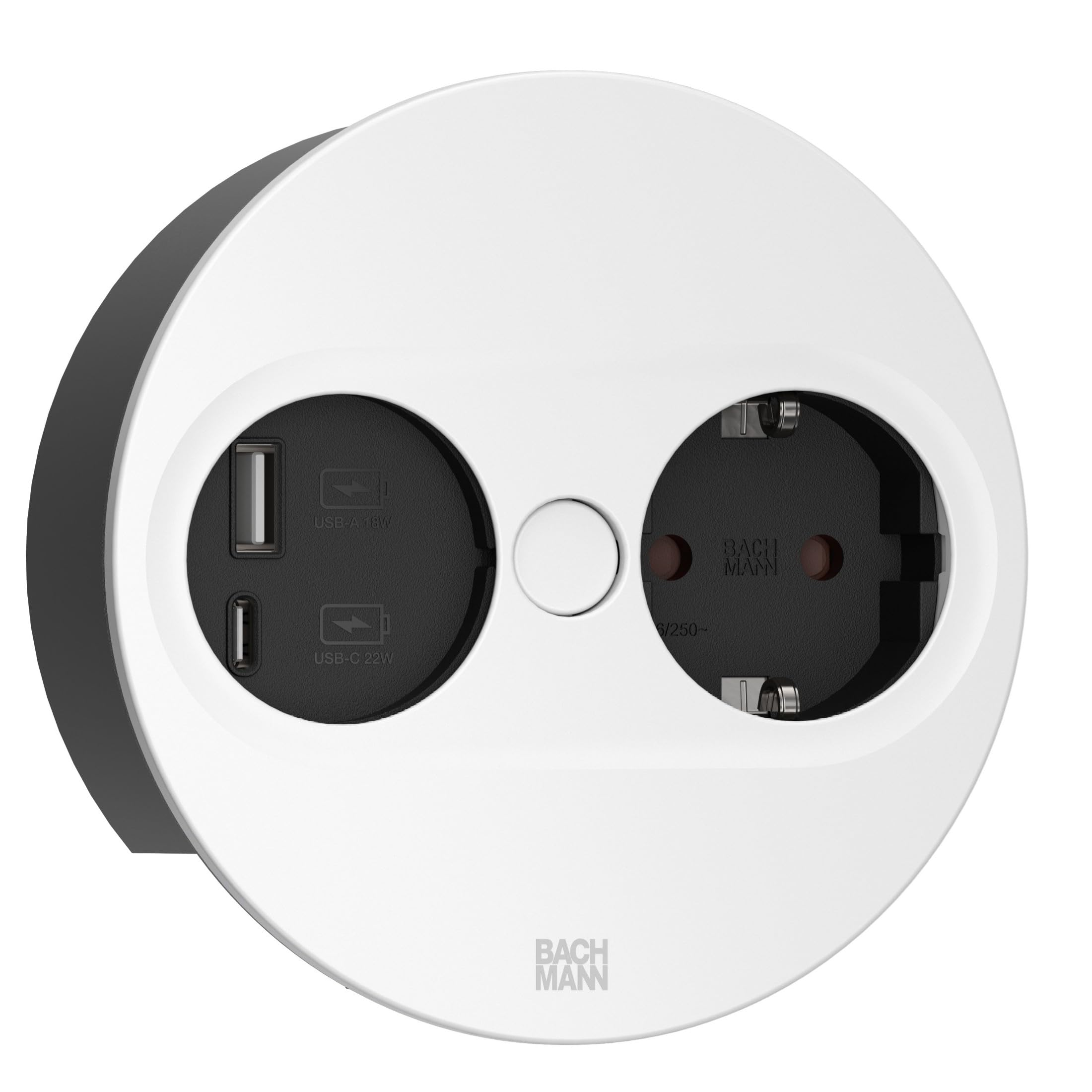 BACHMANN Einbausteckdose Twist 2 Rund 1x Steckdose mit USB A und USB C 2m Kabel Tischsteckdose für Küche und Büro Weiß 946.204 (mit automatische Öffnung und Anti-Fingerprint Beschichtung