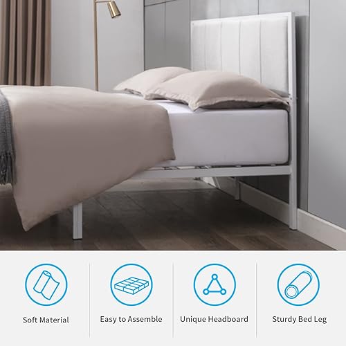 Miniatura 6 de Mjkone Base de cama tamaño King, plataforma tapizada de lino, marco de cama con cabecera copetuda de canal, no necesita somier, color gris claro