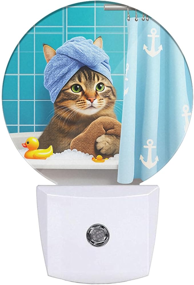 EKOBLA EKOBLA Funny Cat Night Light Kitten Cat with Shower Cap in Bathtub Night Lights Plug into Wall for Boys Girls Men Women, Fun Animal Plug-in Nightlights LED Dusk to Dawn Sensor