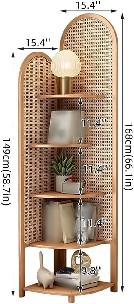 5-Tier Rattan Corner Shelf - Triangular Multi-Functional Bookshelf with Wooden Frame for Small Living Rooms, Space-Saving Storage Solution, Stylish Home Decor