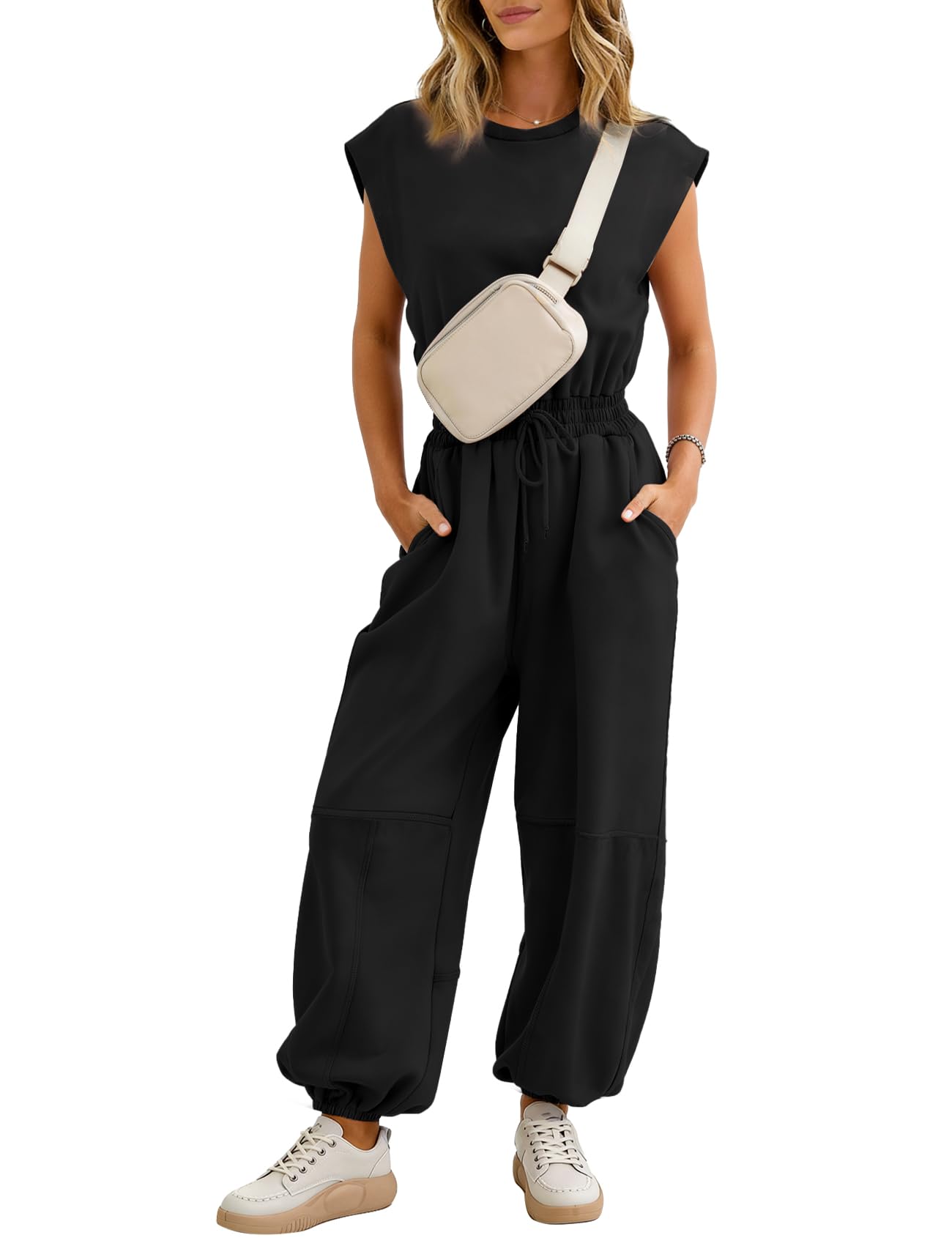 Flygo Womens Casual Jumpsuit Crewneck Cap Sleeve Long Wide Leg Pants One Piece Outfits Drawstring Romper with Pockets