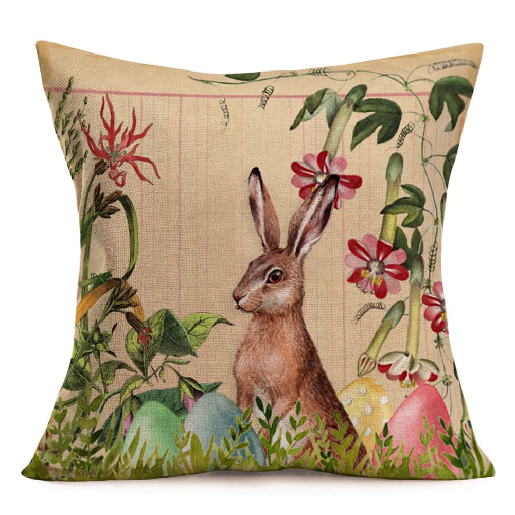 Asminifor Easter Rabbit Pillow Covers Farmhouse Retro Postcards Easter Egg Rabbit Bunny Violet Hydrangea Floral Dragonfly Pillow Cases Throw Cushion Cover for Home Sofa Office (S04-Rabbit, 18"X18")