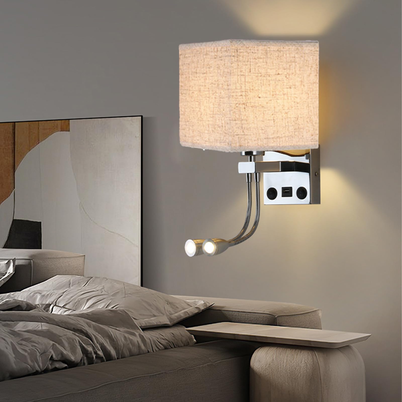 E27 Lampa ścienna z portem ładowania USB Nowoczesna oprawa ścienna z regulowanym reflektorem łabędzia szyjka lampka nocna oświetlenie ścienne podwójne przełączniki do sypialni, salonu, hotelu