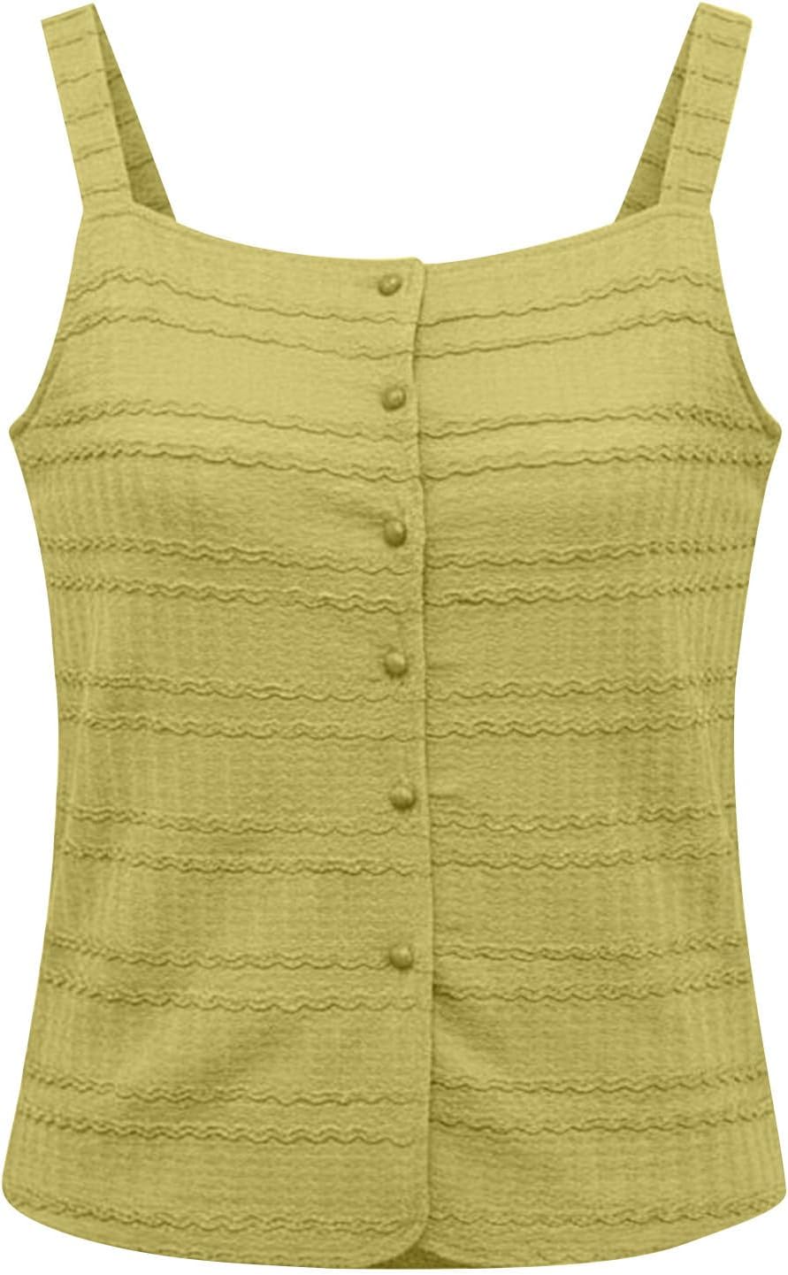 Womens Tank Tops Loose Fit Casual Fashion Summer Button Down Pleated Square Neck Sleeveless Blouses Holiday Vacation