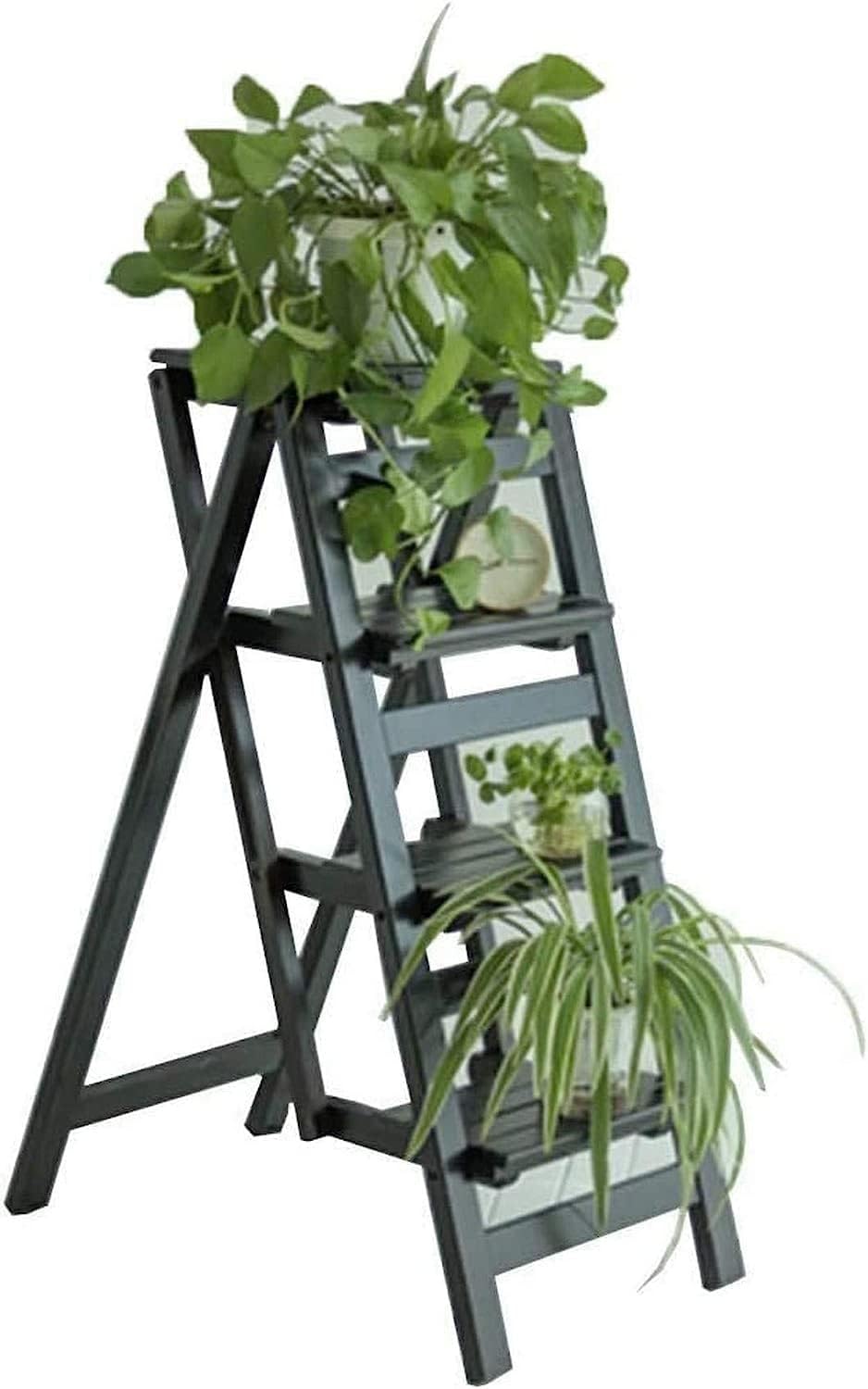 OKUOKA Wood Step Stool Folding Ladder Chair 4-Step Ladder Step Stool Stair Hair Seats Wooden Shelf Stepladder Dual-Use Limb Folding Foldable Shelving Portable Flower Rack Kitchen Indoor H