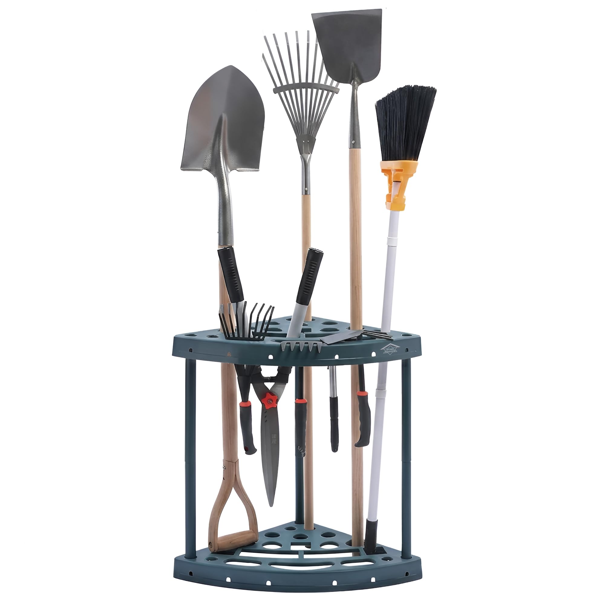 Optimal Products Plastic Heavy Duty Mobile Weatherproof Garden Corner Tool Storage Rack - Lightweight Portable Caddy - Free Standing Unit Tidy Organiser For 18 Garden Tools Multiple Pouches