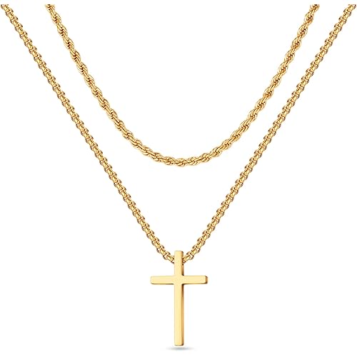 Cross Necklace for Men, Gold Silver Black Stainless Steel Mens Cross Necklaces Layered Rope Chain Box Chain Cross Pendant Necklace for Men Cross Chain Necklace for Men 16-24 Inch