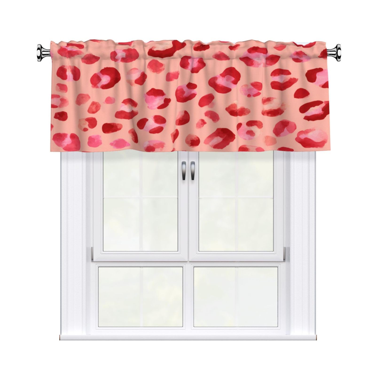 Woshuwo Red Leopard Print Pattern Valances For Windows Rod Pocket Window Treatment Short Curtains For Kitchen Living Room Bedroom Decor 54x18in