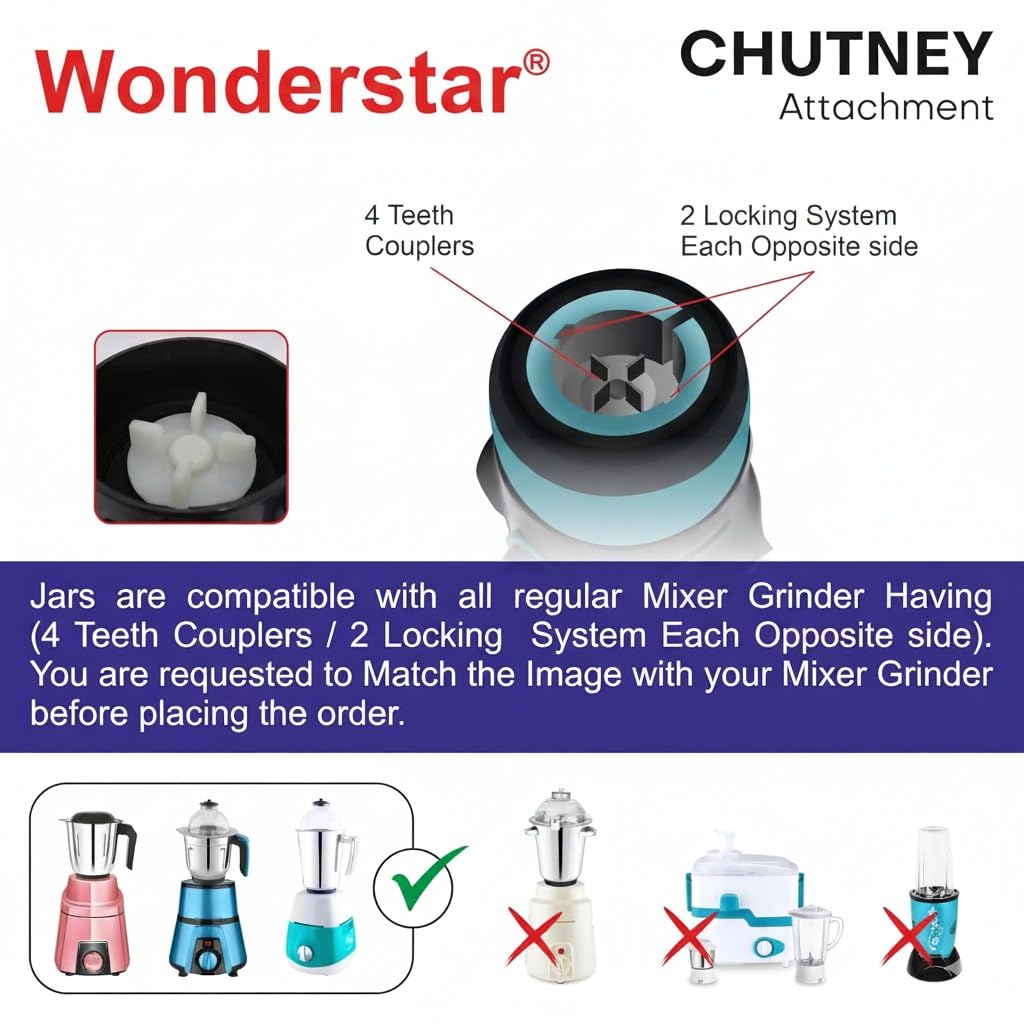 Wonder Star Universal Stainless Steel Chutney Jar (400ml) with Sharp Blade for Mixer Grinder | Compatible with 4-Teeth Coupler & Dual Locking System | Rust-Proof Mixie Attachment — Amazon image 3