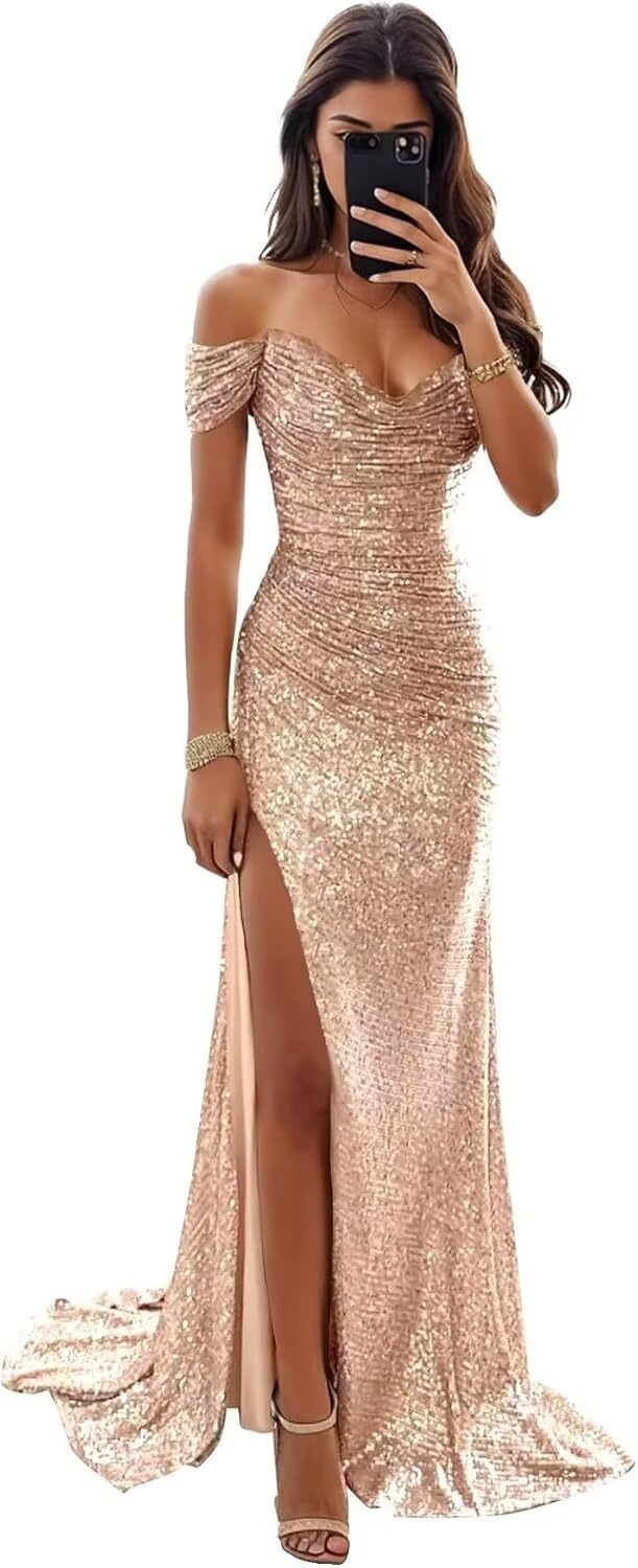 Eightale Vestido largo de sirena con lentejuelas y hombros descubiertos y abertura plisada, vestido de noche formal para fiesta