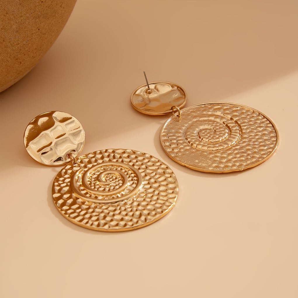 Gold Harmmered Spiral Statement Earrings for Women,Large Round Dangle Vintage Disc Earrings for Prom Party,Trendy Retro Aesthetic Jewelry - Image 4