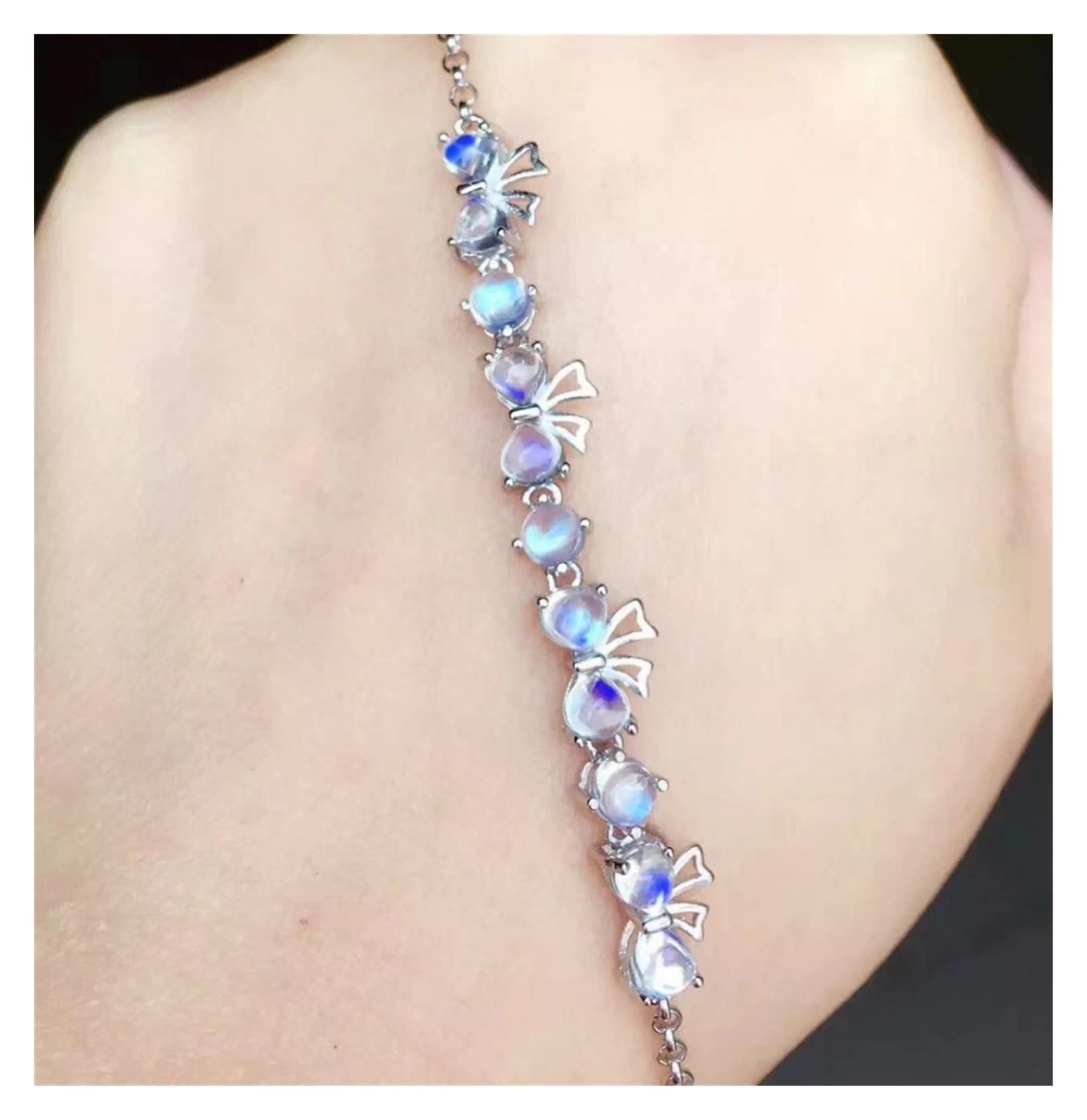 CNCNSH Pietra di Luna Naturale Azzurra Pietra preziosa Naturale Adorabile Fiocco con Nodo 925 Regalo per Feste per Donne e Ragazze