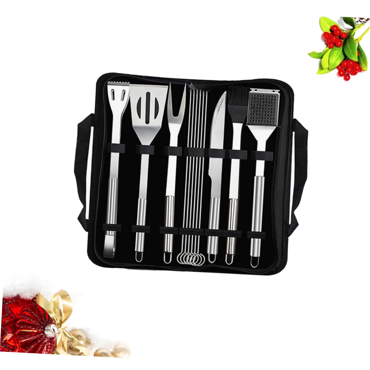 Set Utensili Barbecue Inox 12 Pezzi con Borsa Nera | Spatola, Pinza, Coltello, Forchetta, Pennello e Spiedini, per Campeggio e Outdoor