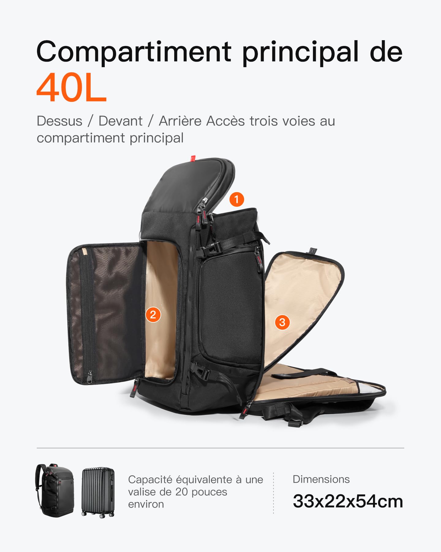Inateck Sac à Dos Voyage et Affaires 40L Grand Capacité, Noir | Accès Rapide TSA, Rangement Multifonction, Pour 17" PC, Resistant a l’Eau, Anti-Vol, Sac Cabine Business