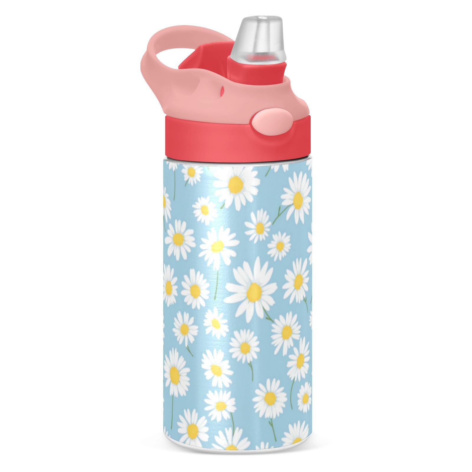 White Daisy Flower Kids Water Bottle with Silicone Straw for Girls Boys Blue Floral Toddlers Insulated Stainless Steel with Straw Lid BPA-Free Duck Mouth Tumbler 12 oz Pink