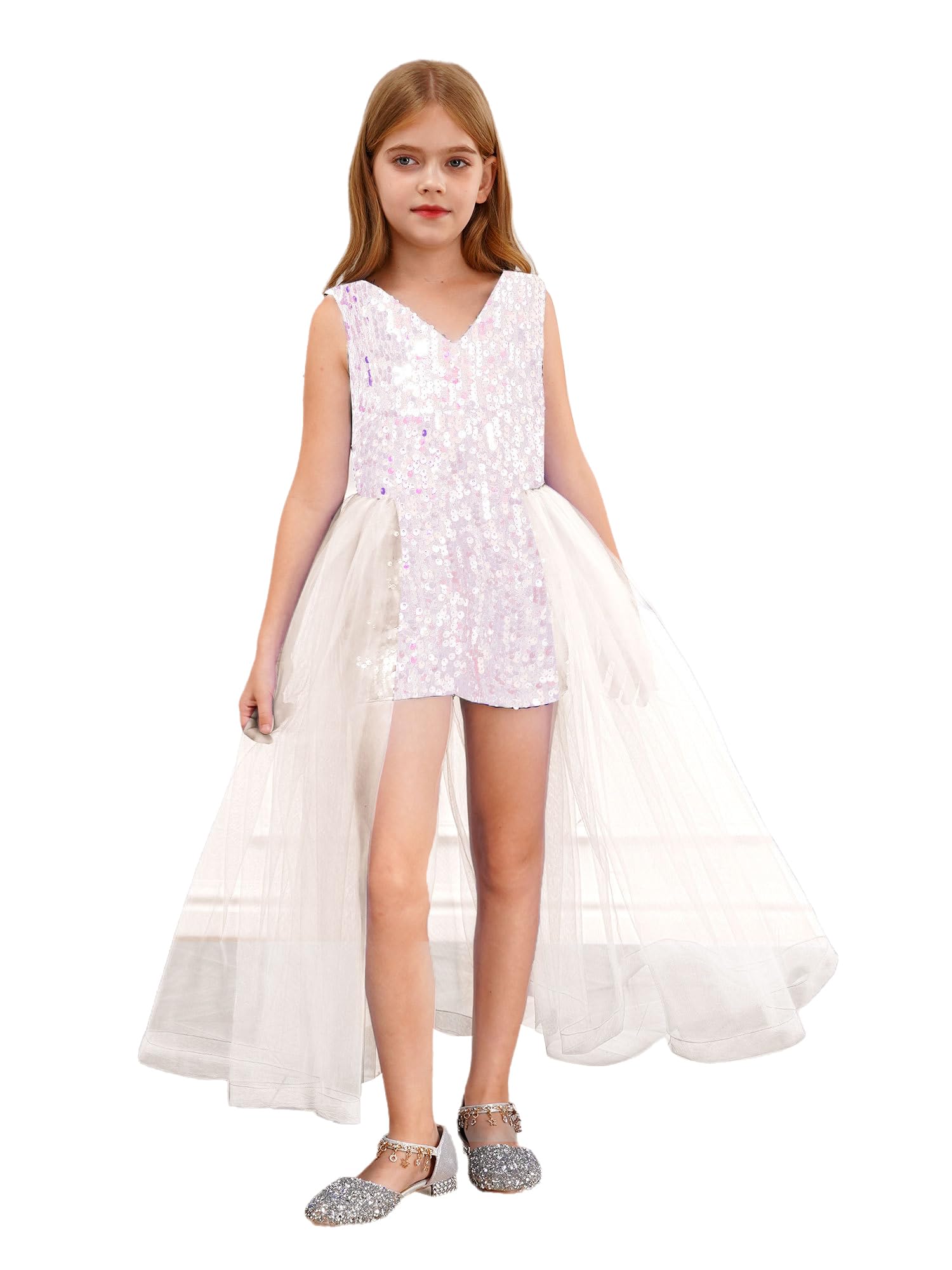 Manyakai Mono de Ceremonia para Niña Vestido Princesa de Fiesta con Tul Mono Lentejuelas de Formal para Boda Cóctel Noche Desfile 5-14 Años
