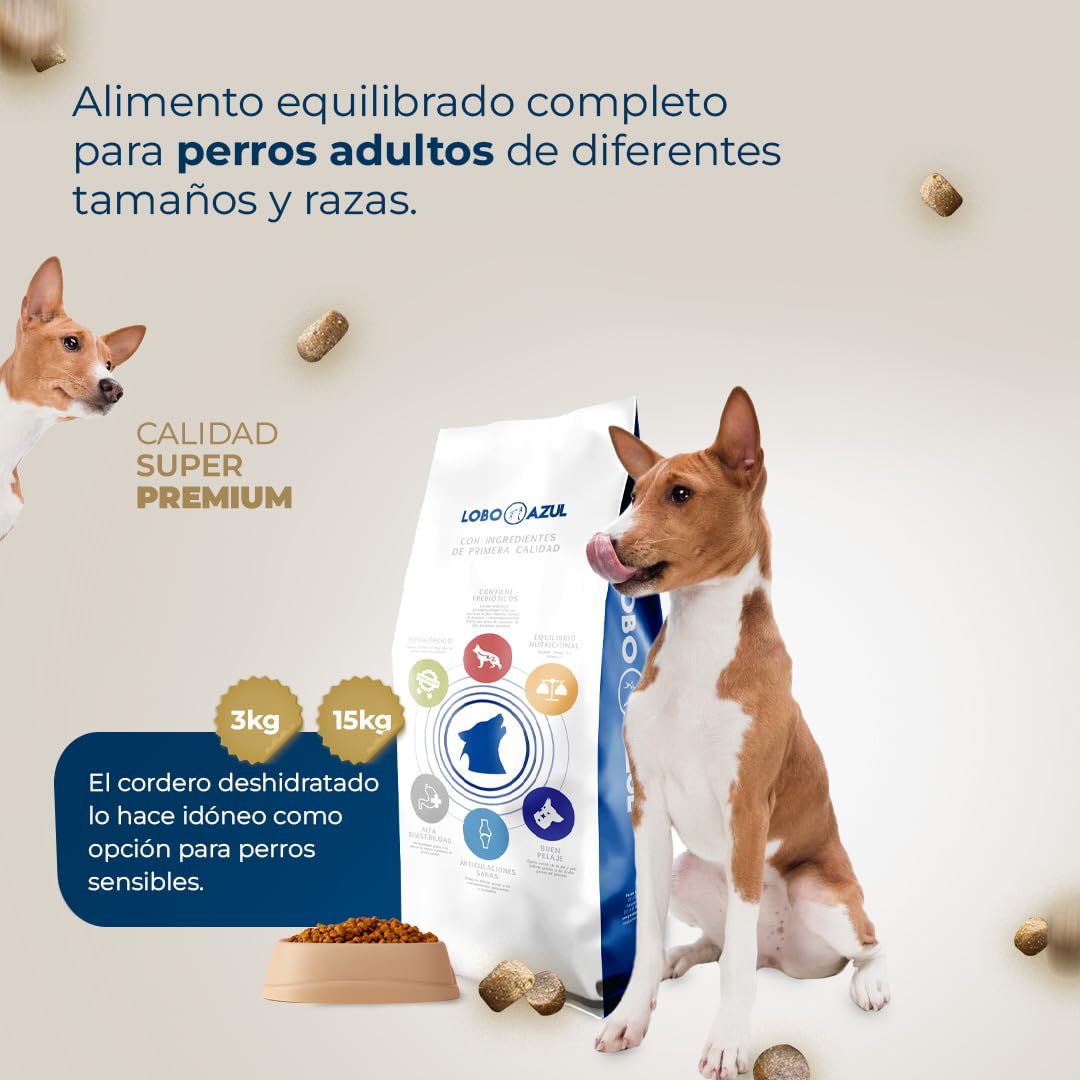 Pienso para Perros Cordero - Comida Digestible y Natural - Alimento Completo y Equilibrado para Perros Adultos - 15kg Lobo Azul Cordero