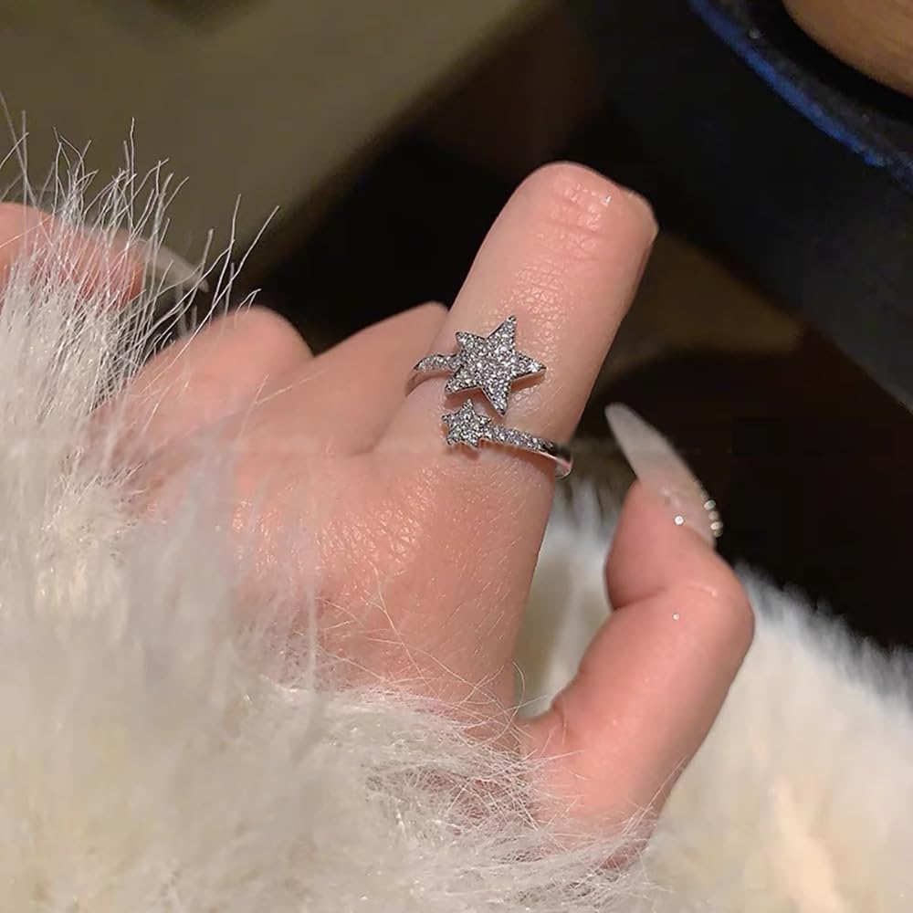 Dainty Star Wrap Open Engagement Ring For Women Sparkly Cubic Zirconia Fashion Adjustable Finger Knuckle Statement Rings CZ Expandable Silver Lucky Stars Stacking Middle Band Wedding Promise Party Jewelry Gifts - Image 6