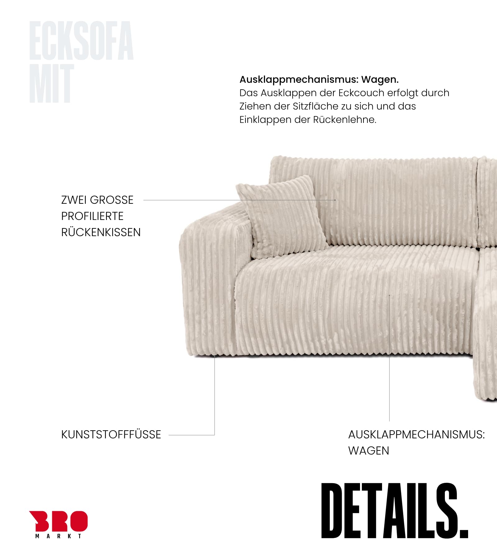 BROMARKT Ecksofa mit Schlaffunktion und Bettkasten 125x200cm L Crème | Schlafsofa mit Stauraum und Kissen Eckcouch Sofa für Wohnzimmer Wohnlandschaft 3 Sitzer Universell freistehend Couch TILIO