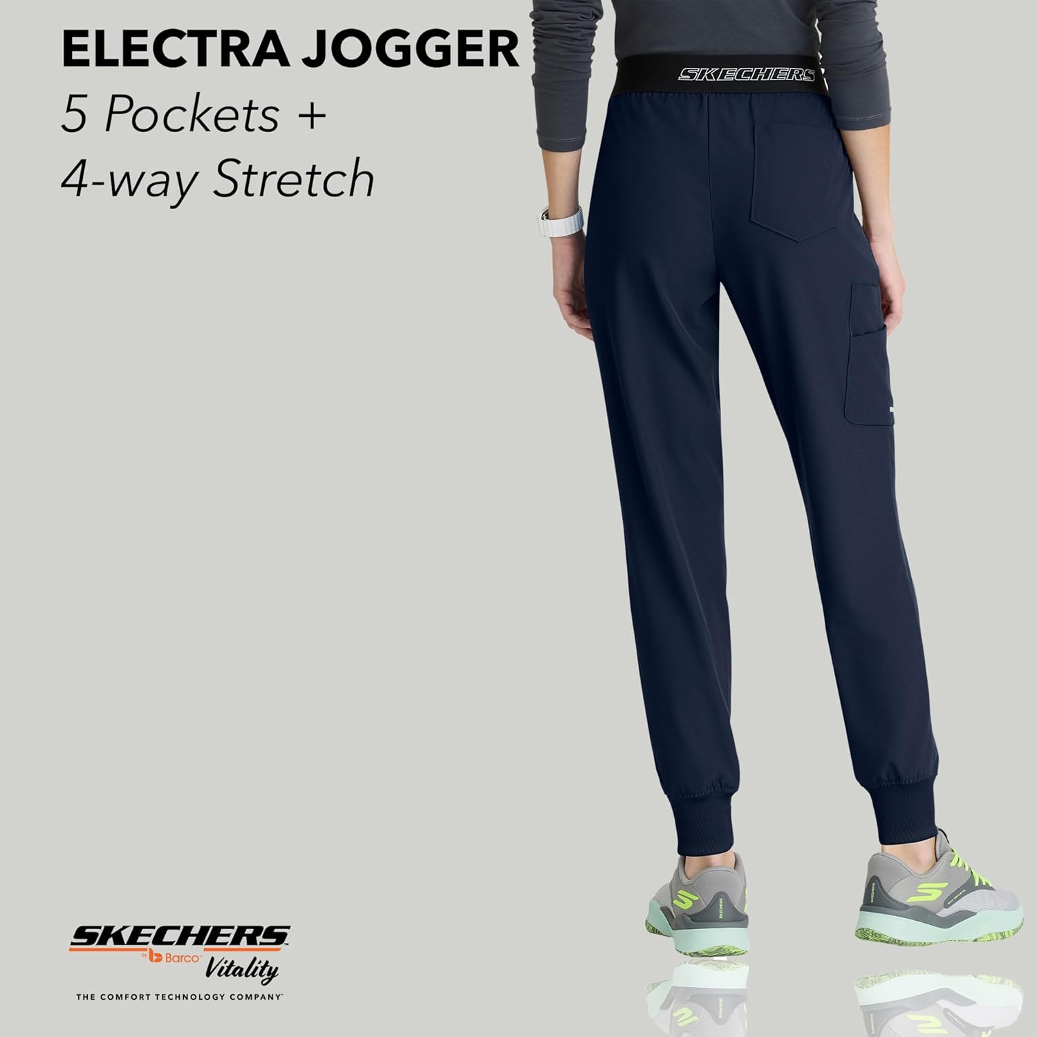 Skechers by BARCO Vitality Electra Classic Fit Scrub Jogger for Women – Navy, Mid-Rise, 5-Pocket Pant w/ 4-way Stretch – Moisture Wicking, Quick-Shed, Anti-Static – XL, Petite Fit - Image 4