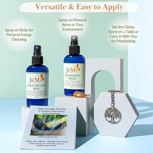 Miniatura 4 de Kit de árbol de la vida, 1 spray de salvia para limpieza espiritual de 2 onzas, 1 spray de prosperidad de 2 onzas, bolsa de satén, llavero del árbol