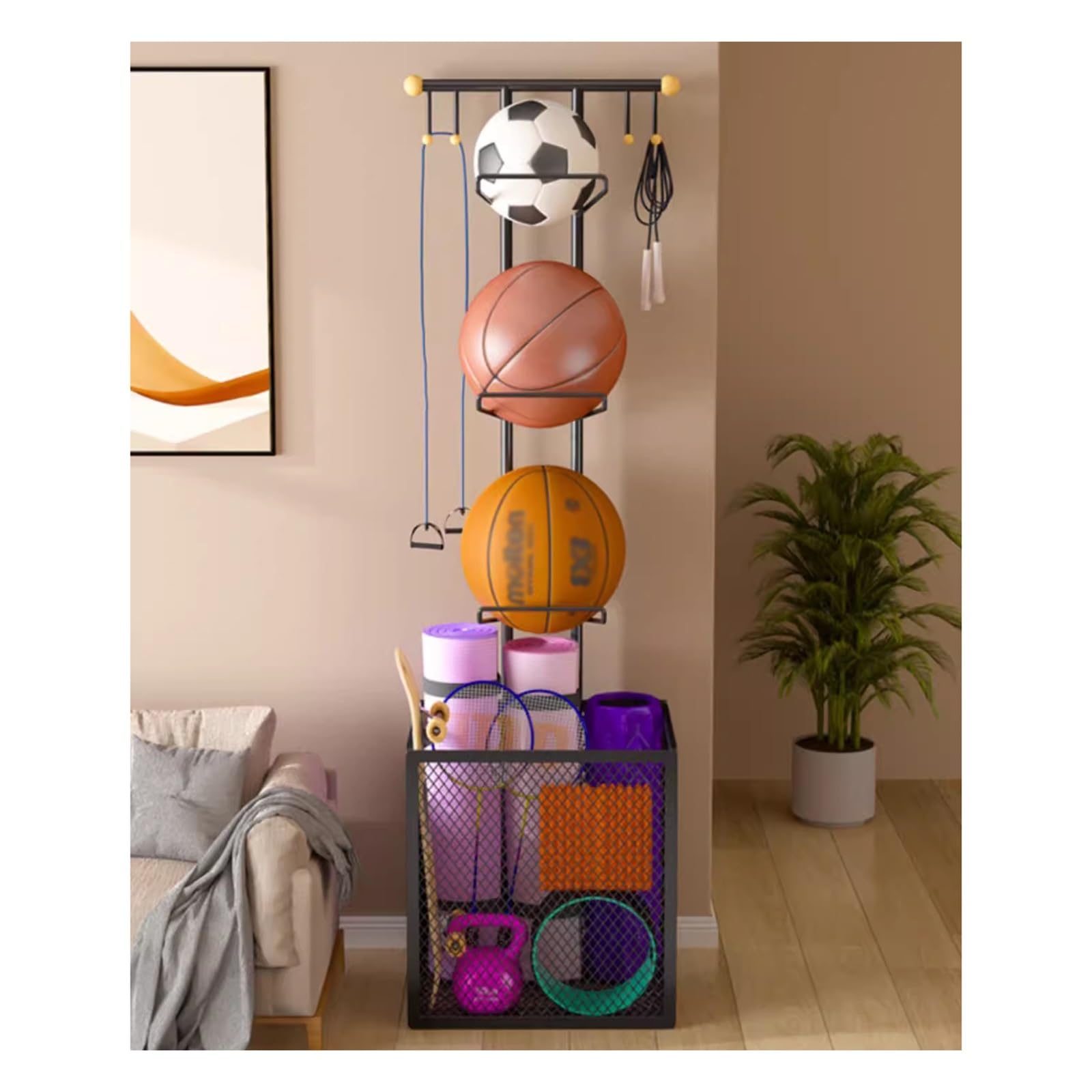 Support de rangement de basket-ball anti-désordre avec présentoir de balles d'intérieur