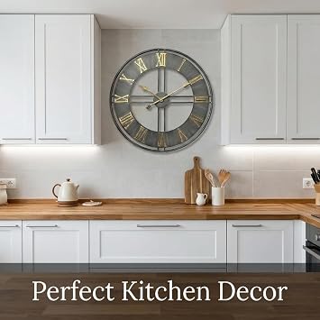 Industrial Roman Numeral Wall Clock – 60cm/23.6inch Vintage Decorative Metal Clock with Open Frame, Brushed Finish, and Gold Roman Numbers for Living Room, Kitchen or Office