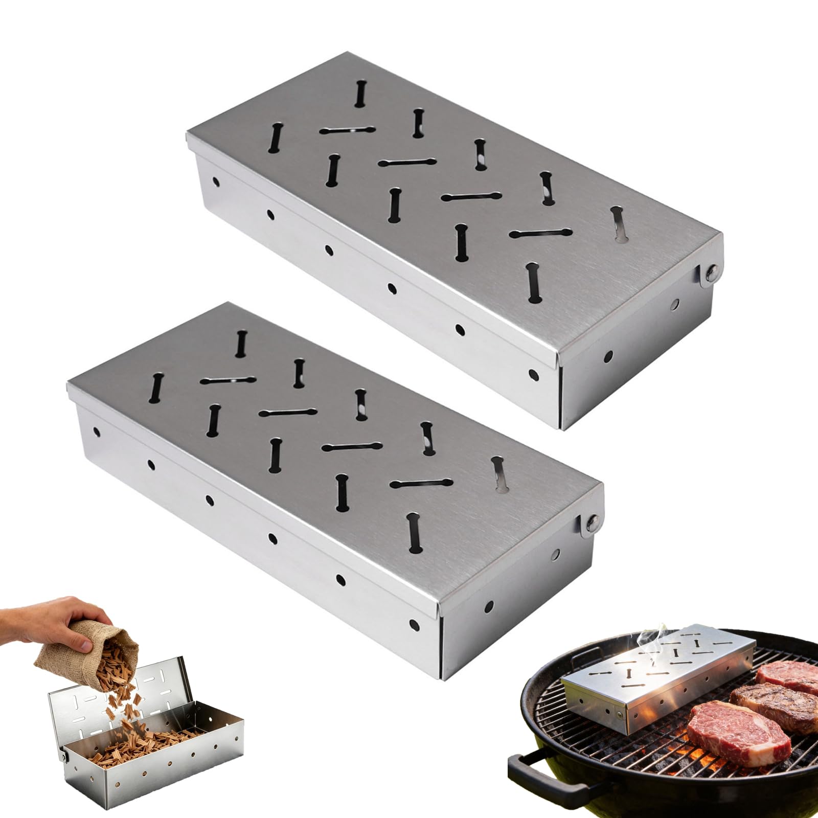 Caja ahumadora para barbacoa con astillas de madera, accesorios de acero inoxidable de alta resistencia para infusión de sabor ahumado en carnes y pescados, compatible con parrillas de gas y carbón.