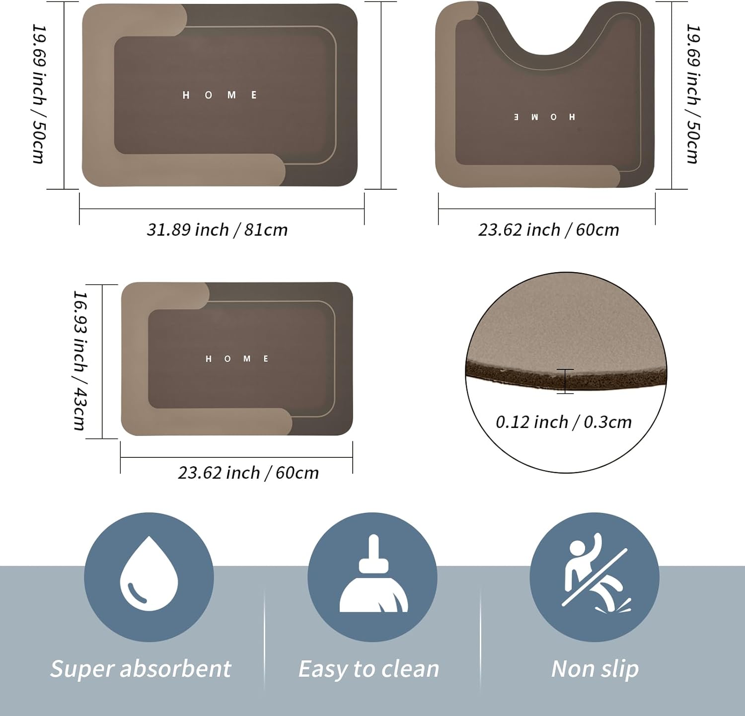 3PCS Absorbent Bath Mat Magic Rug Sets, Quick Drying Bath Mat Non-Slip Floor Rug Rubber Backed for Bathroom Kitchen Shower Sink (16.9''x23.6''+19.7''x23.6''+19.7''x31.9'', Brown)