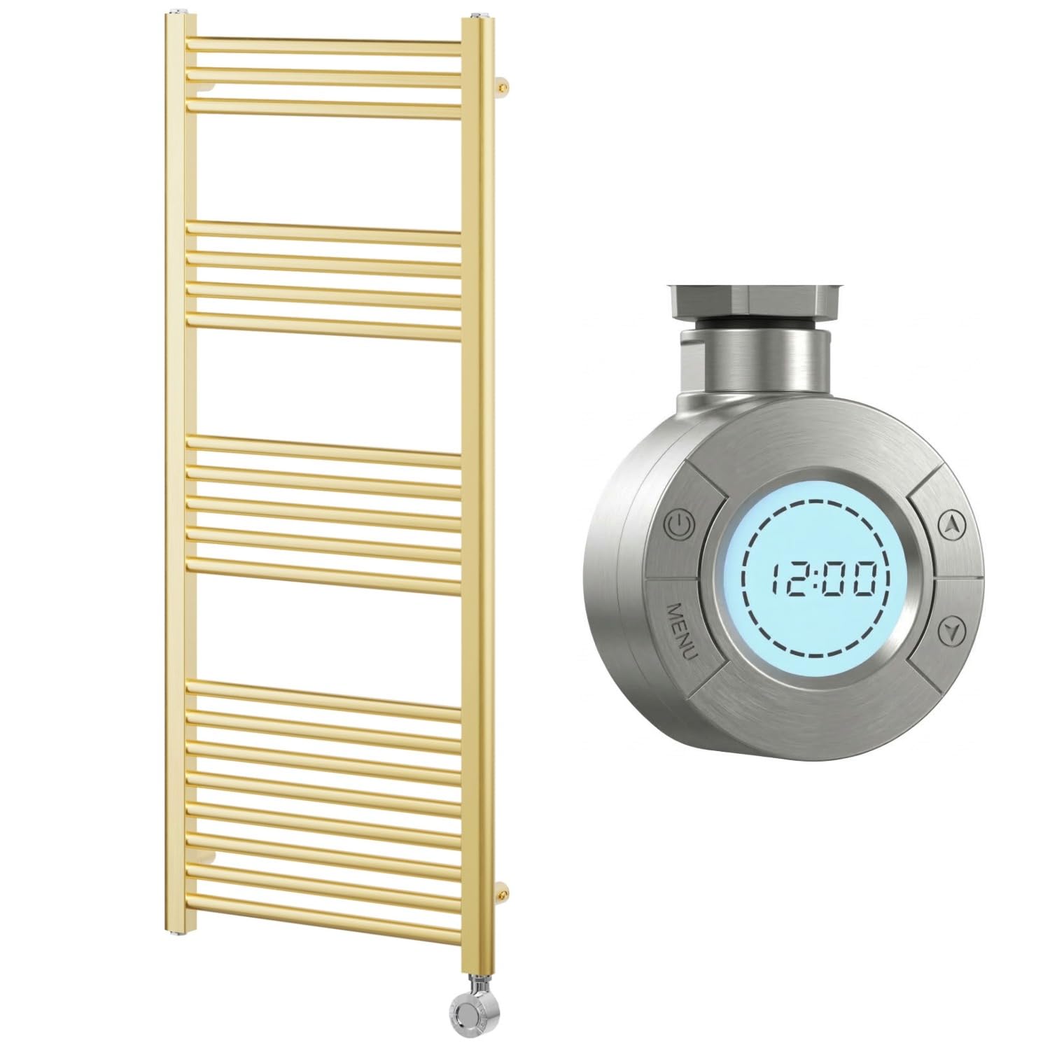 Go Bathrooms Nola 1200 x 500mm Electric Heated Towel Rail Gold Smart Bathroom Radiator Wall Mounted Ladder Rack Energy Efficient Electric Towel Warmer 300 Watts