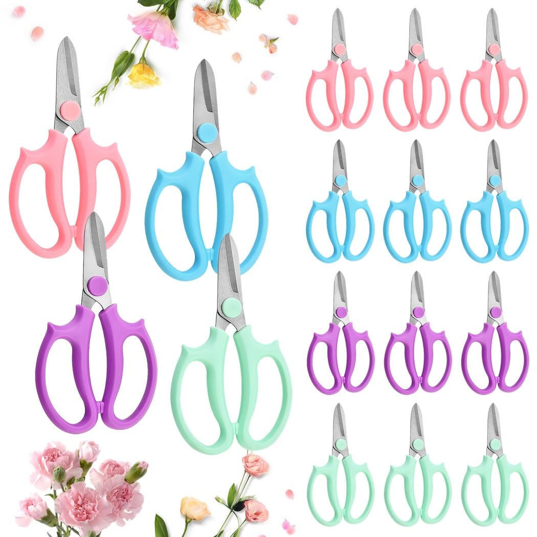 16 sécateurs floraux en inox. Lames tranchantes, poignées confortables. Idéal pour compositions, cueillette.