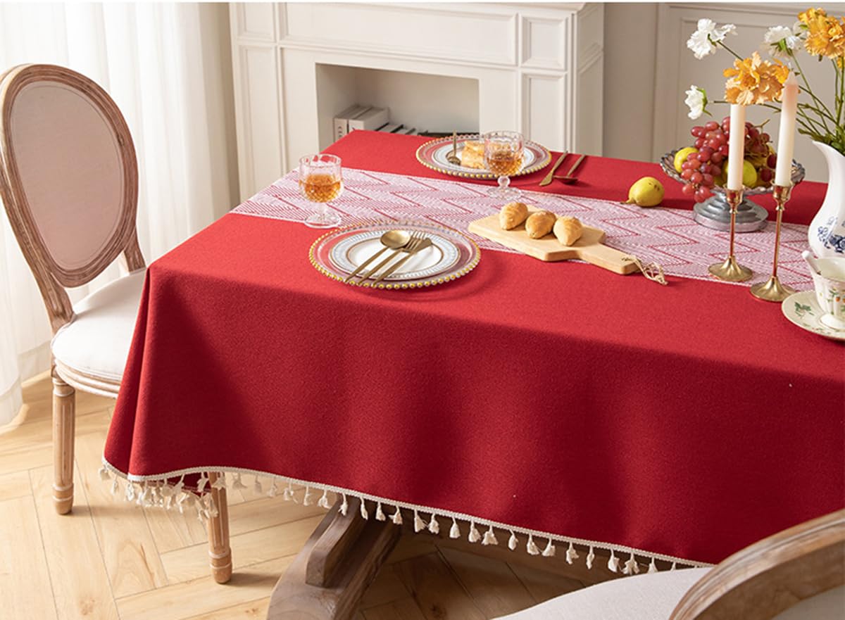 Mantel de algodón y lino con flecos para cocina, comedor y mesa de café, lavable a máquina, rojo, 140 x 260 cm