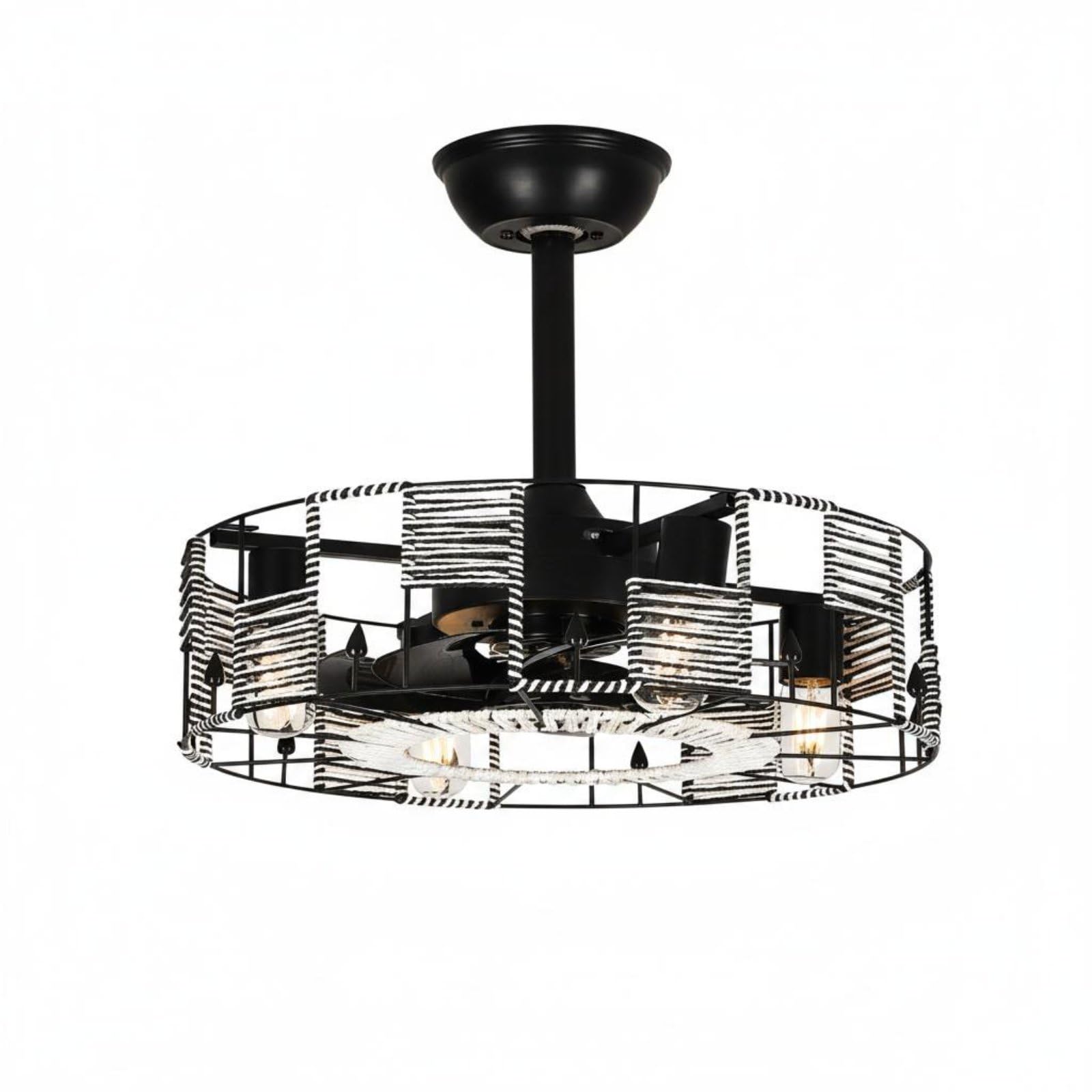 Baoblaze Ventilador de Techo Vintage Ventilador con Lámpara Empotrado Rattan Sombrado Artesanal en Hierro y con Cuerda de Cáñamo, Industrial Con Estructura De Metal Negro Y Detalles De Cuerda Blanca