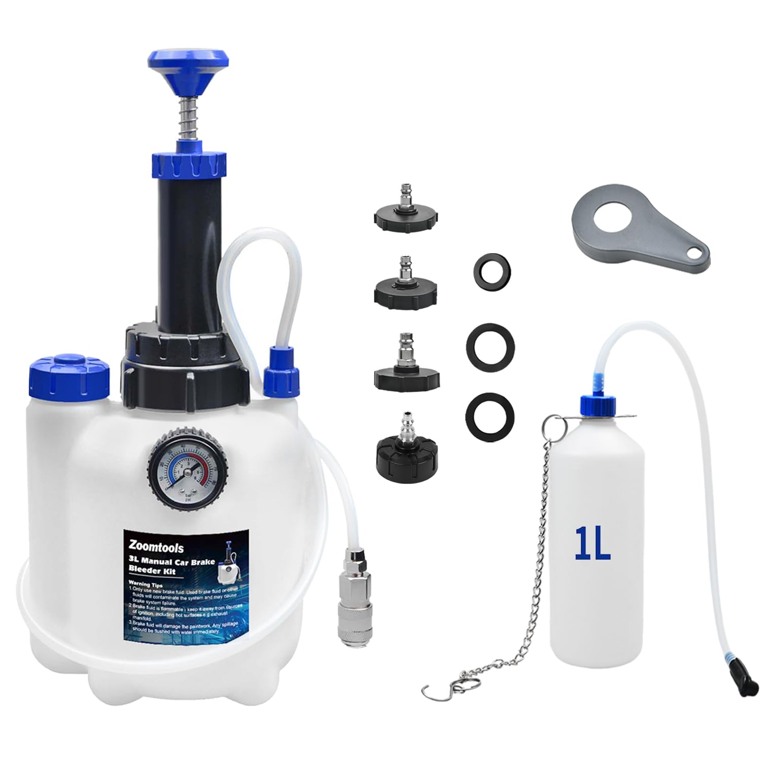 Kit di spurgo Freni Manuale 3L per Auto, Kit Cambio Liquido Freni con Serbatoio Raccolta 1L, 4 adattatori e Compatibile con la Maggior Parte dei Veicoli Europei