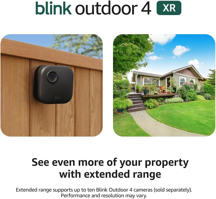 Blink Outdoor 4 XR – two-year battery wireless camera with 4x security coverage, 1000 ft open-air range or 400 ft with typical use — 4 camera system.