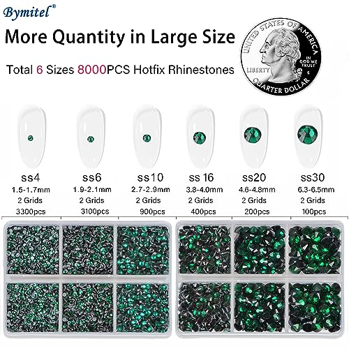 Image of Bymitel Hotfix Crystal Rhinestones Round Gems for Crafts,Mixed 6 Sizes with Wax Pencil Kit, Emerald 1.6-6.3mm SS4-SS30 /8000pcs