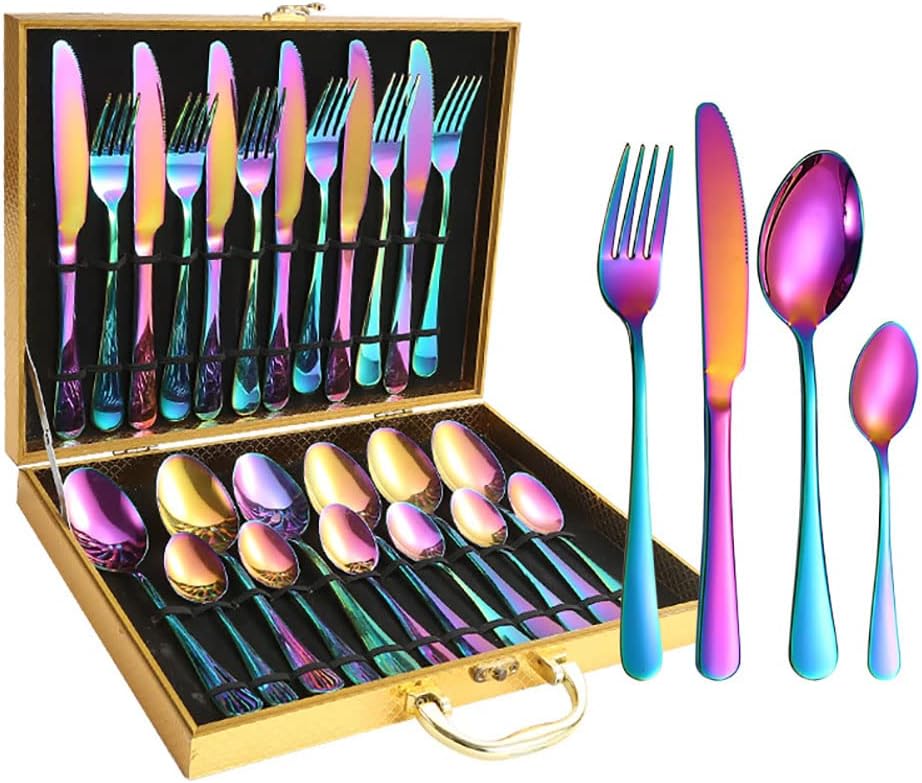 Gift Box 24pcs Set Cutlery Dinnerware 410 Stainless Steel Flatware Set Tableware Suit Dinner Spoon Fork Knife Flatware Serving Sets (Multicolor)