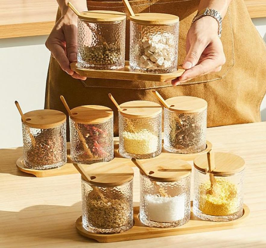 Luminexia Barattolo per condimenti da Cucina,Set di barattoli per condimenti in Vetro con coperchi e Cucchiaio di,Scatola per condimenti in Vetro,per conservare Lo Zucchero di Sale di e spezie