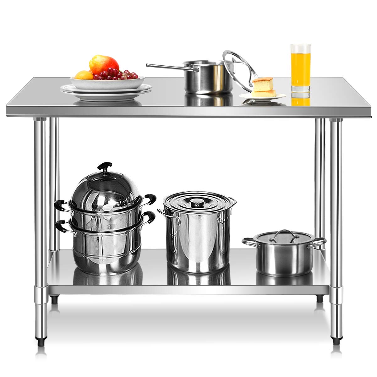COSTWAY Mesa de Trabajo Acero Inoxidable, 122 x 61 x 90 cm, Mesa de Preparación de Comida de 2 Niveles, Estante Inferior Ajustable, Capacidad de Carga 250 kg, Estante Mesa Acero para Bar, Restaurante