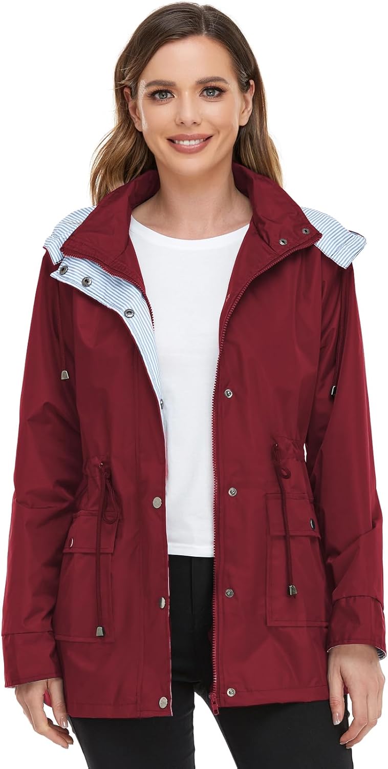 Rain Jacket Women Lightweight Raincoat Hooded Trench Coat Lined Windbreaker Travel Jacket