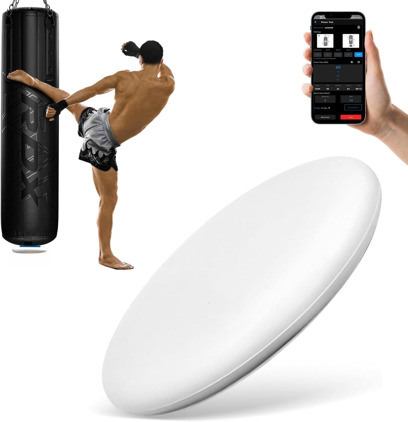 Smart Force Tracker for Punching Bag - Real-time Data Monitoring, 200h Battery, Voice Feedback, 3 Training Modes, Speed Sensor with App for Boxing, MMA, Kickboxing Training White