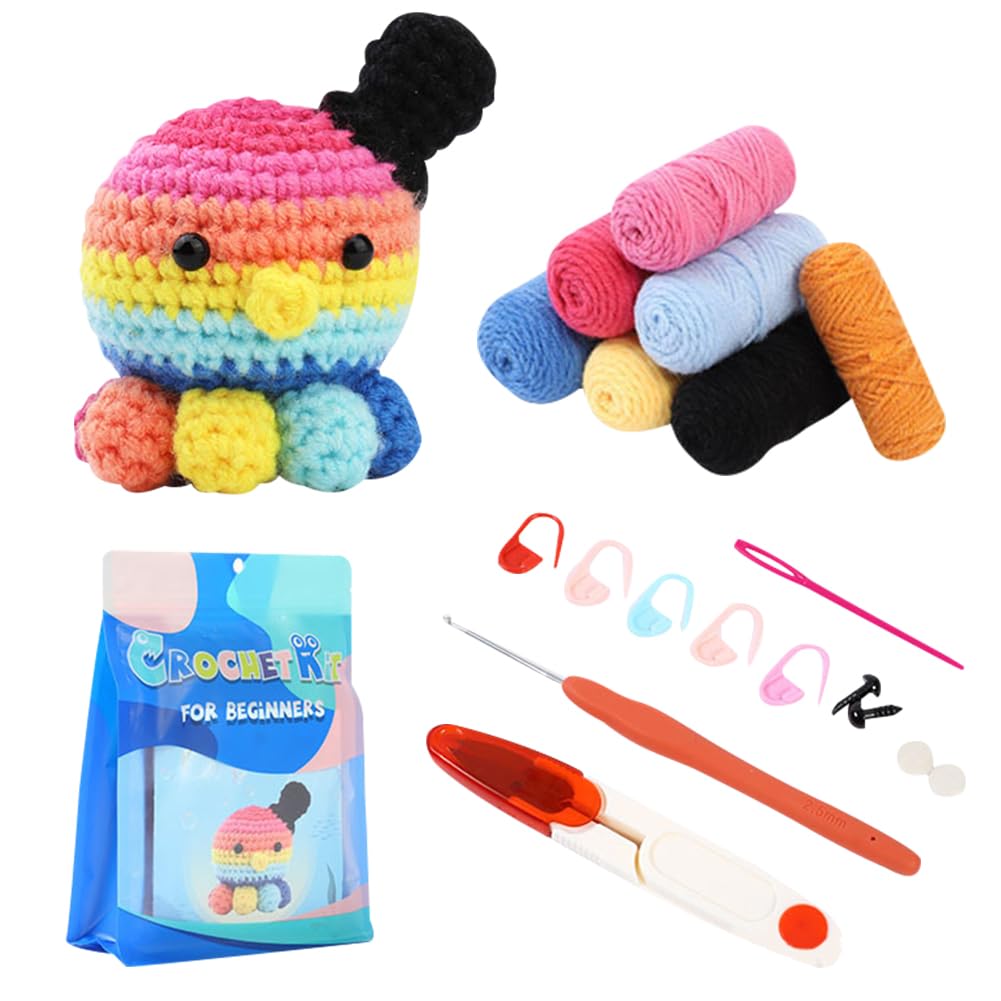 Yeiuzpt Multicolour Complete Crochet Kit For Beginners, Small Octopus Crochet Kits, Crochet Stuffed Animal Kit, Learn How To Crochet, Include Video Tutorial, Instruction, Soft Yarn, Birthday Gift