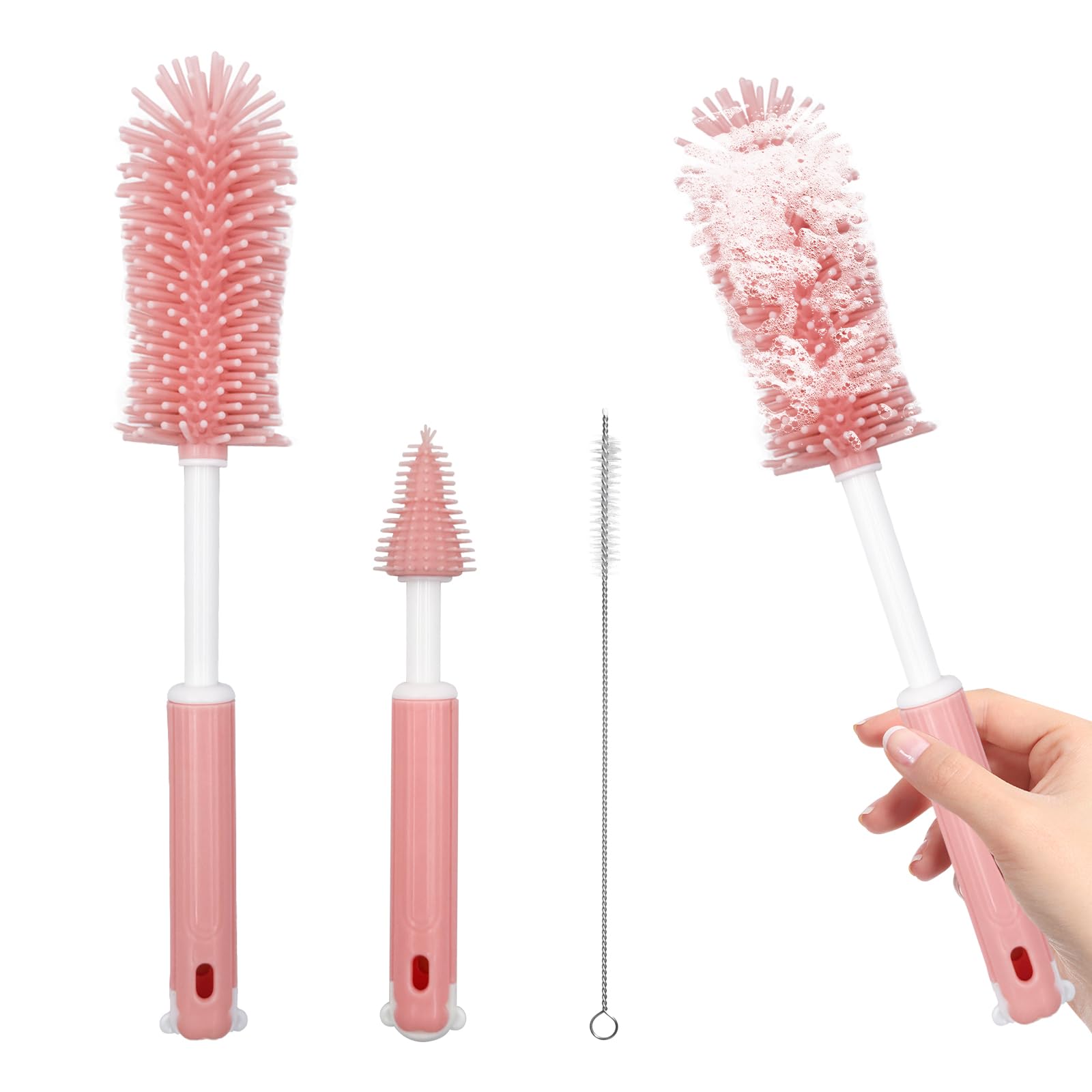Bottle Washer Compatible with Momcozy Breast Pumps Breast Pump Cleaning Kit Breast Pump Cleaning Brush Set 3 in 1 Cleaning Brush Set - Includes Detachable Bottle Brush, Nipple Brush, Straw Brush(pink)