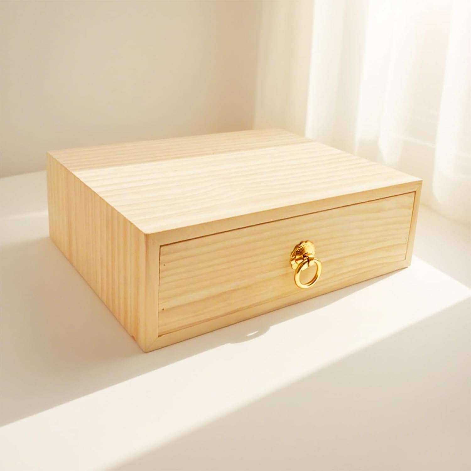 Natural Wooden Storage Box Desk Drawer Single Wood Cabinet Organizer Drawer Tabletop Storage Organization Box with Metal Handle for Desk Home Office Counter Craft Decor (1 Drawer)