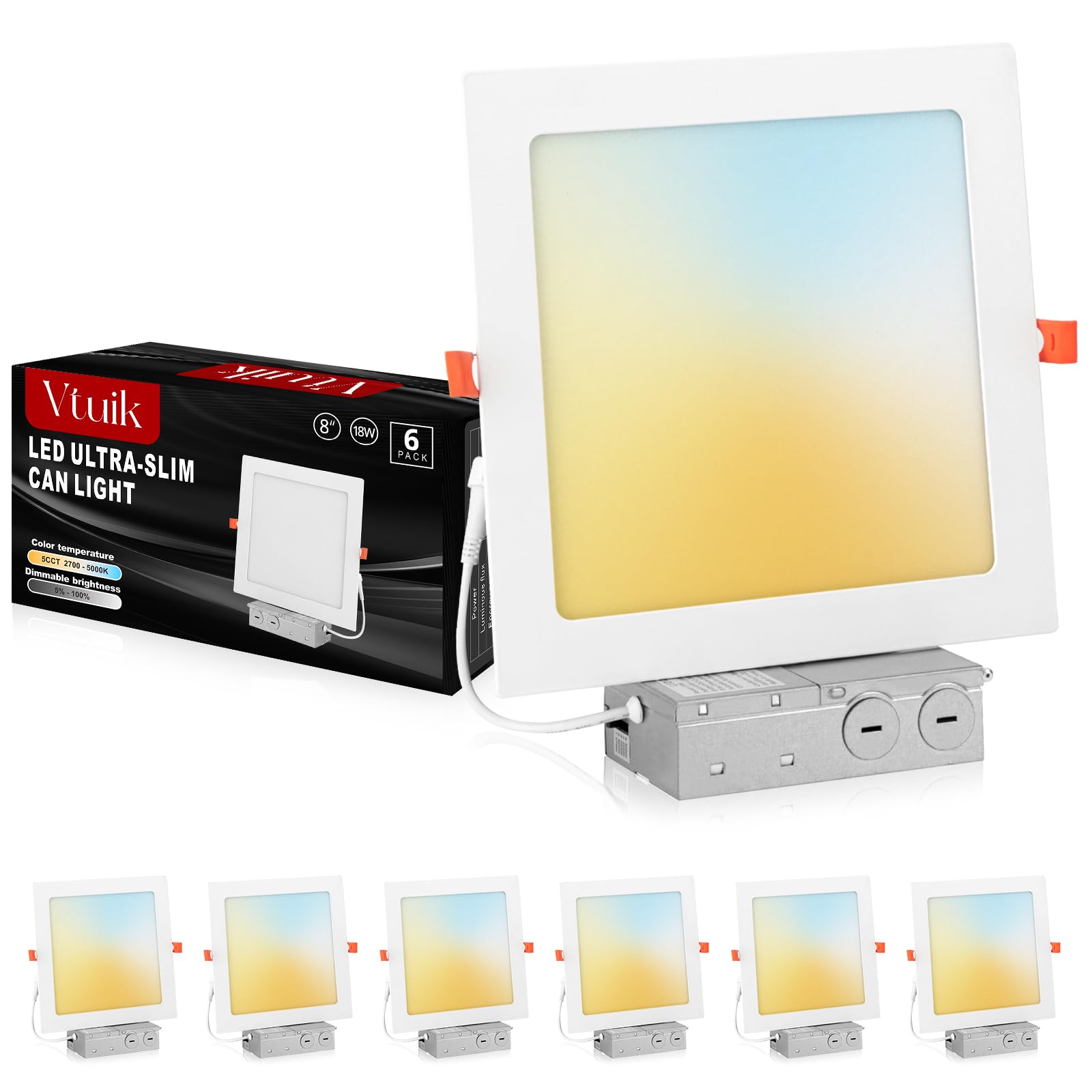 6 Pack 8 Inch Square LED Recessed Ceiling Light 5CCT 2700K - 5000K for Kitchen Retrofit, Ultra Thin Canless Wafer Downlight Damp Rated for Bathroom, 18W Dimmable 1440LM for Basement ETL FCC