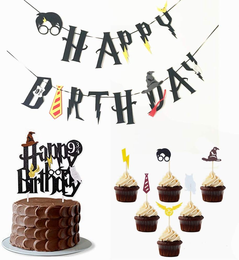 Little Magician Theme Happy Birthday Banners Cake Topper Suit Hogwarts Lightning Felt Flags Bunting for Baby Birthday Party Hanging Decoration (Multicolor)